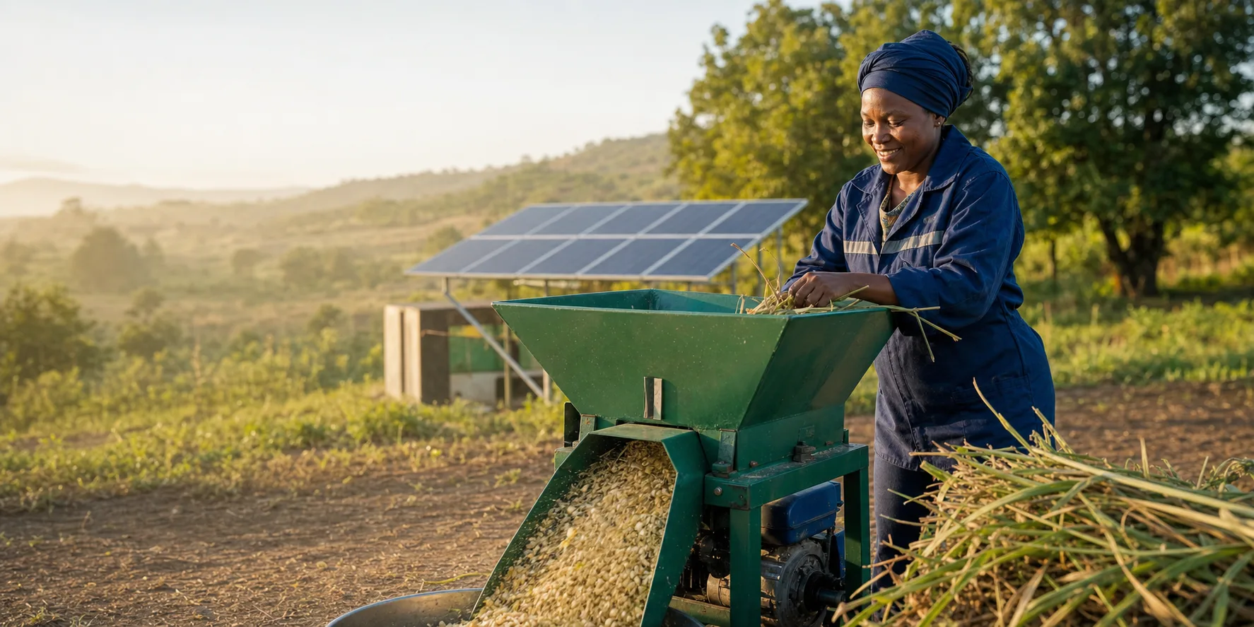 An entrepreneur operating solar-powered agricultural processing equipment